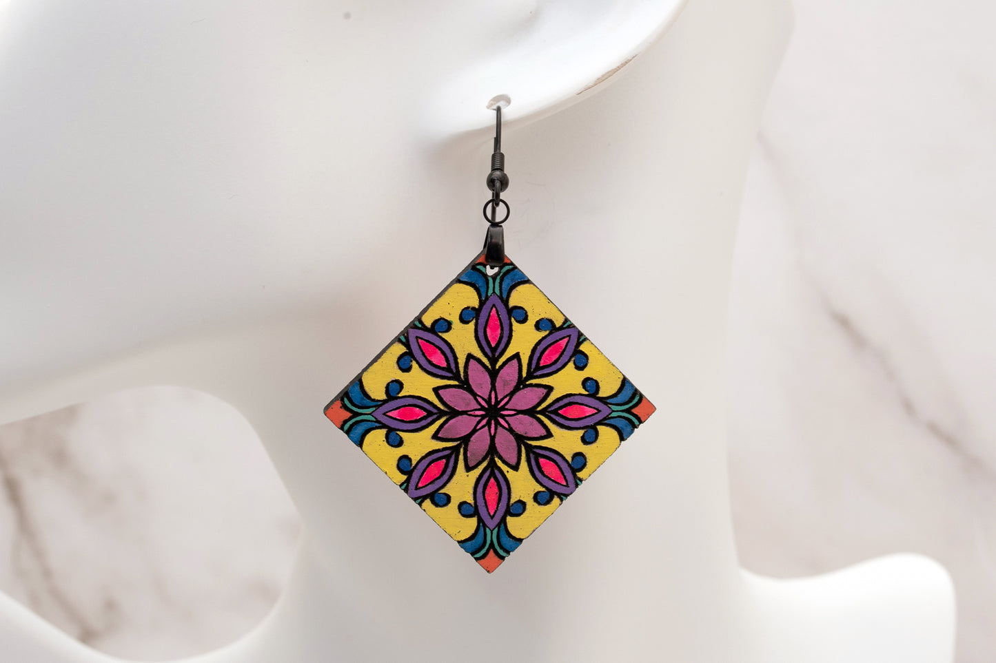 Diamond Mandela Wood Dangles