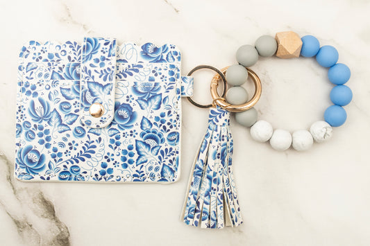 Blue Floral Silicone Wristlet with Wallet