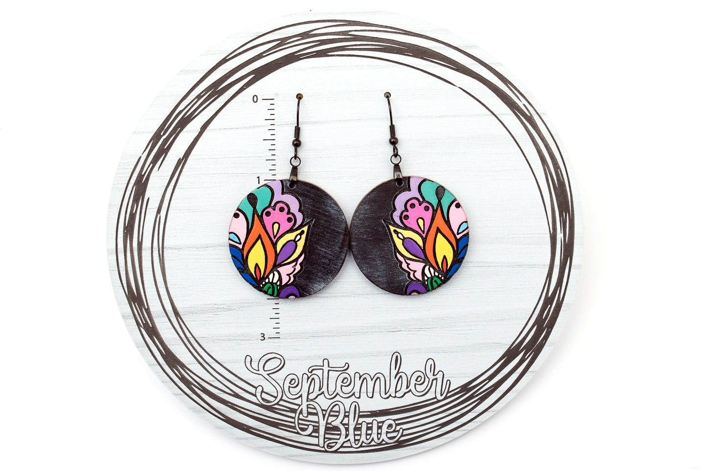 Rainbow Floral Motif Wood Dangles