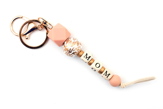 Mom Gold Leopard Beaded Keychain