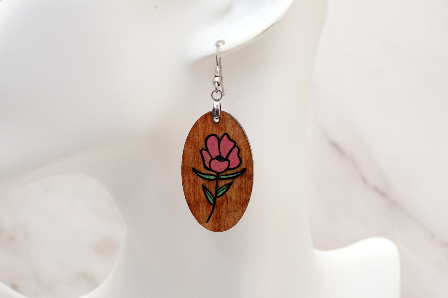 Pink Flower Oval Wood Dangles