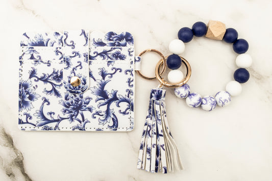 Deep Blue Floral Silicone Wristlet with Wallet